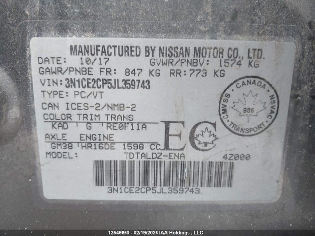 3N1CE2CP5JL359743 Nissan Versa Note S/sr/sv