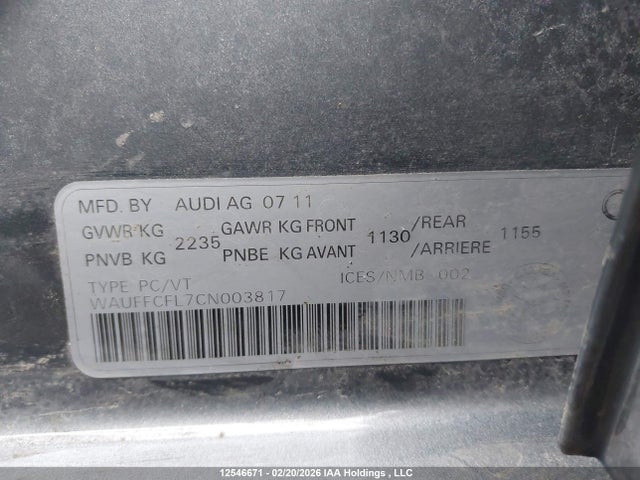 Aukcja sprzedaży 2012 Audi A4 Premium, vin: WAUFFCFL7CN003817, numer aukcji: 12546671