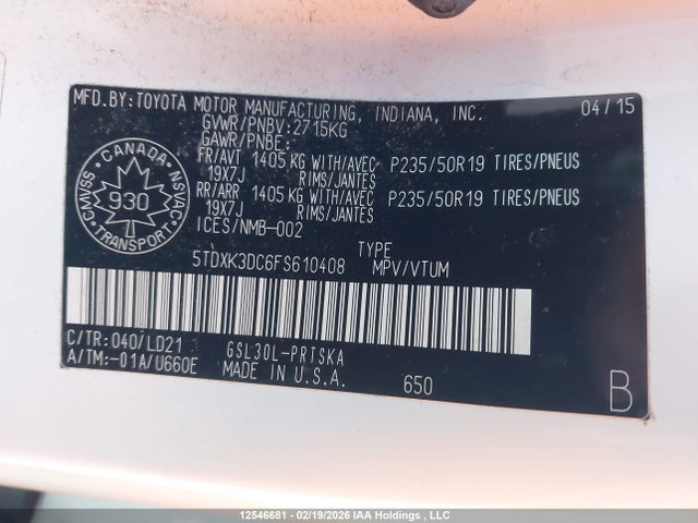 5TDXK3DC6FS610408 Toyota Sienna Se 8 Passenger