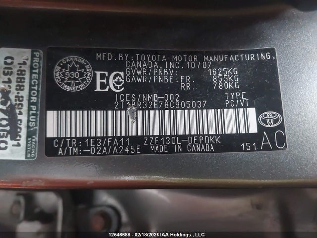 Продаж на аукціоні авто 2008 Toyota Corolla Ce/le/s, vin: 2T1BR32E78C905037, номер лоту: 12546688