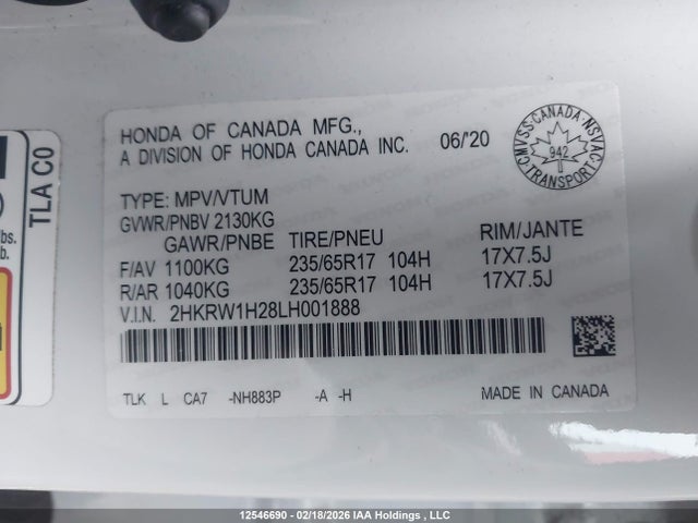 2HKRW1H28LH001888 Honda CR-V LX