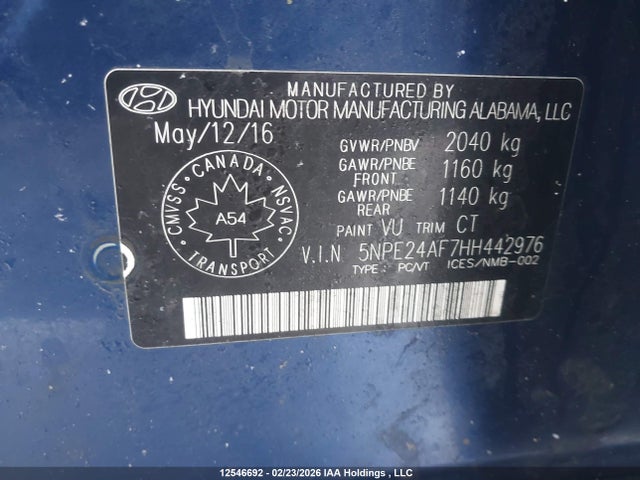 12546692 :رقم المزاد ، 5NPE24AF7HH442976 vin ، 2017 Hyundai Sonata Se مزاد بيع