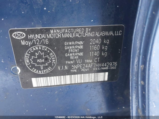 12546692 :رقم المزاد ، 5NPE24AF7HH442976 vin ، 2017 Hyundai Sonata Se مزاد بيع