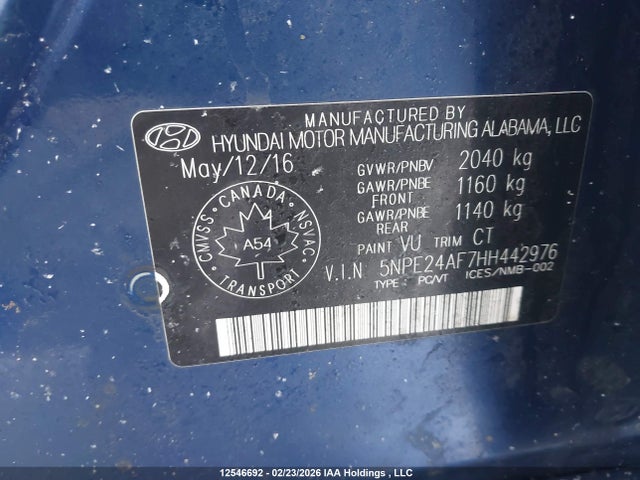 12546692 :رقم المزاد ، 5NPE24AF7HH442976 vin ، 2017 Hyundai Sonata Se مزاد بيع