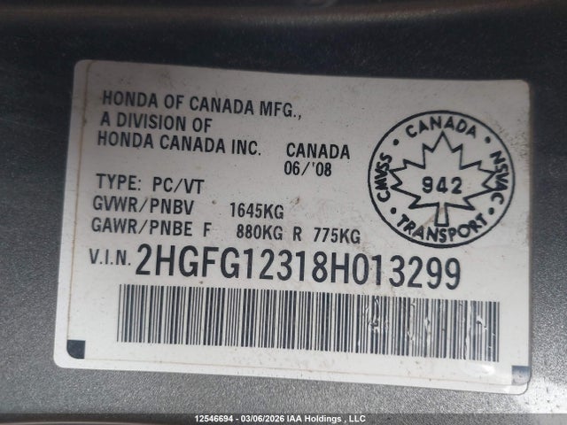 Aukcja sprzedaży 2008 Honda Civic, vin: 2HGFG12318H013299, numer aukcji: 12546694