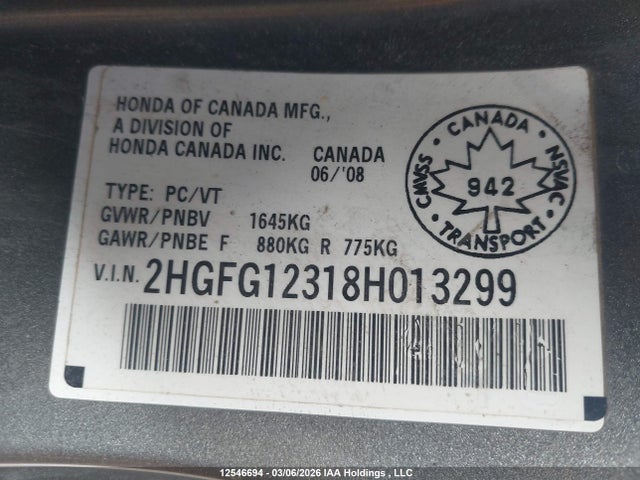 Aukcja sprzedaży 2008 Honda Civic, vin: 2HGFG12318H013299, numer aukcji: 12546694