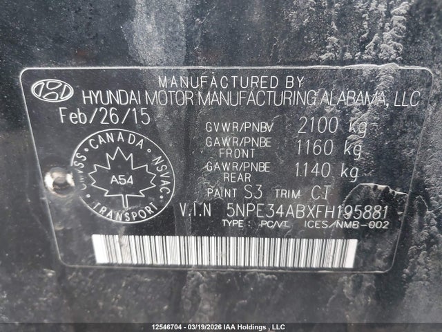 5NPE34ABXFH195881 Hyundai Sonata 2.0t Ultimate