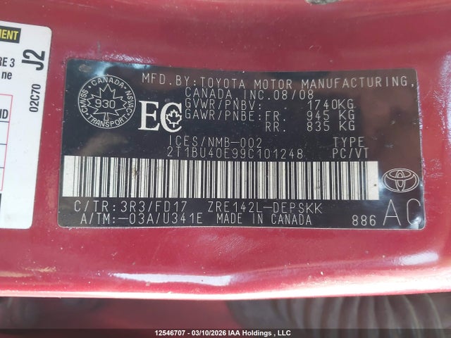 12546707 :رقم المزاد ، 2T1BU40E99C101248 vin ، 2009 Toyota Corolla S مزاد بيع
