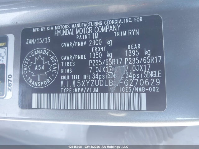 5XYZUDLBXFG270629 Hyundai SANTA FE SPORT