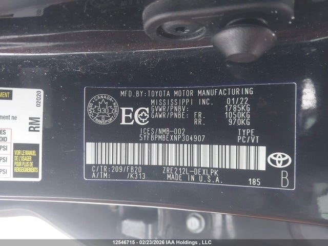 5YFBPMBEXNP304907 Toyota COROLLA L