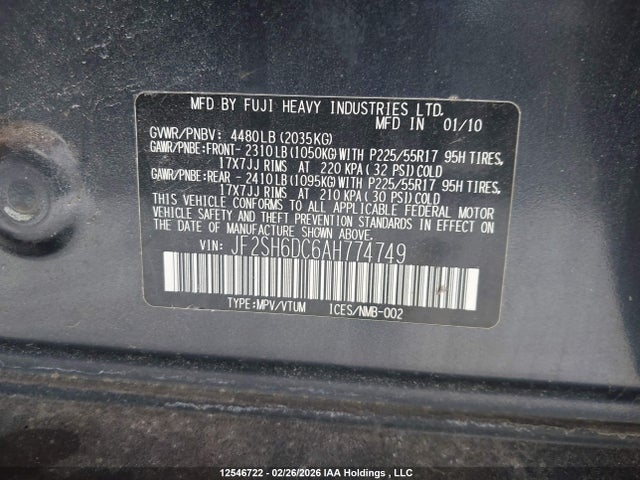 2010 Subaru Forester 2.5x Limited მანქანა იყიდება აუქციონზე, vin: JF2SH6DC6AH774749, აუქციონის ნომერი: 12546722