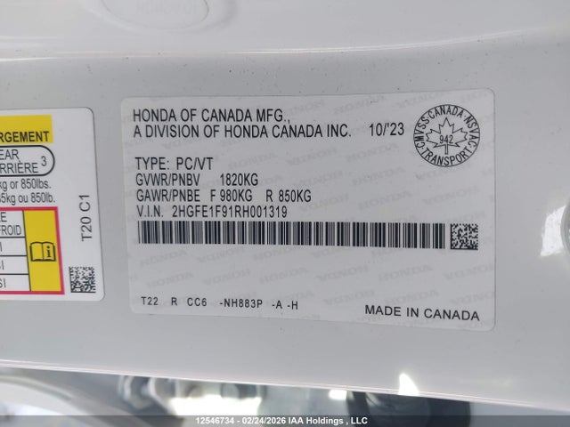 Aukcja sprzedaży 2024 Honda Civic Sedan, vin: 2HGFE1F91RH001319, numer aukcji: 12546734