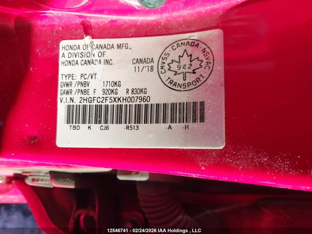 12546741 :رقم المزاد ، 2HGFC2F5XKH007960 vin ، 2019 Honda Civic Lx مزاد بيع