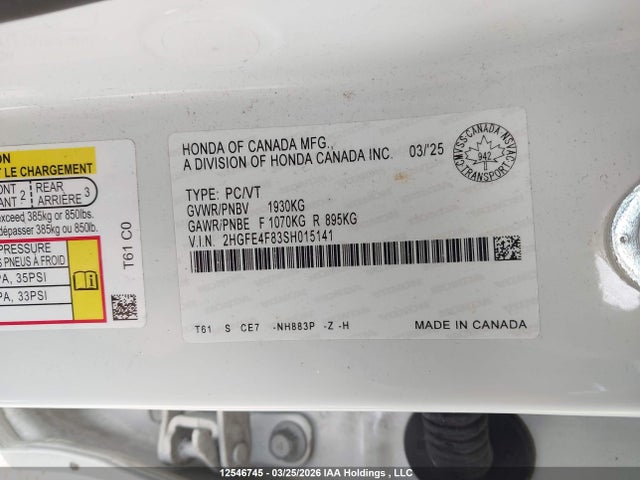 2025 Honda Civic Sport Hybrid/sport Touring Hybrid მანქანა იყიდება აუქციონზე, vin: 2HGFE4F83SH015141, აუქციონის ნომერი: 12546745