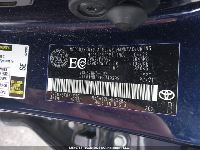 Aukcja sprzedaży 2023 Toyota Corolla Se, vin: 5YFB4MBE6PP149395, numer aukcji: 12546758