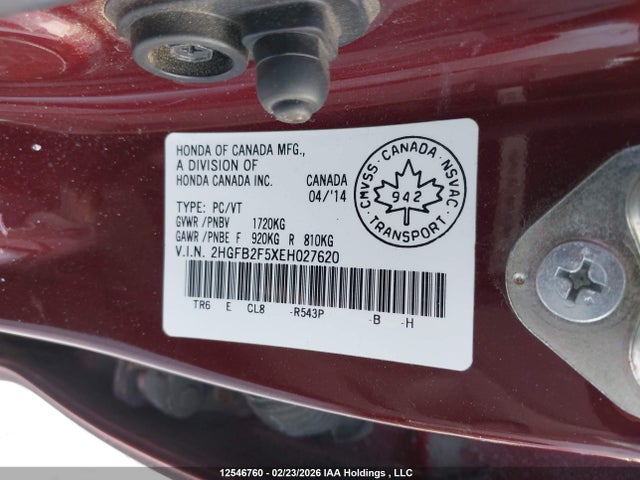 12546760 :رقم المزاد ، 2HGFB2F5XEH027620 vin ، 2014 Honda Civic مزاد بيع