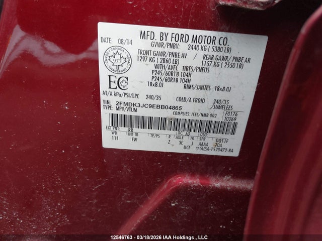 12546763 :رقم المزاد ، 2FMDK3JC9EBB04865 vin ، 2014 Ford Edge Sel مزاد بيع