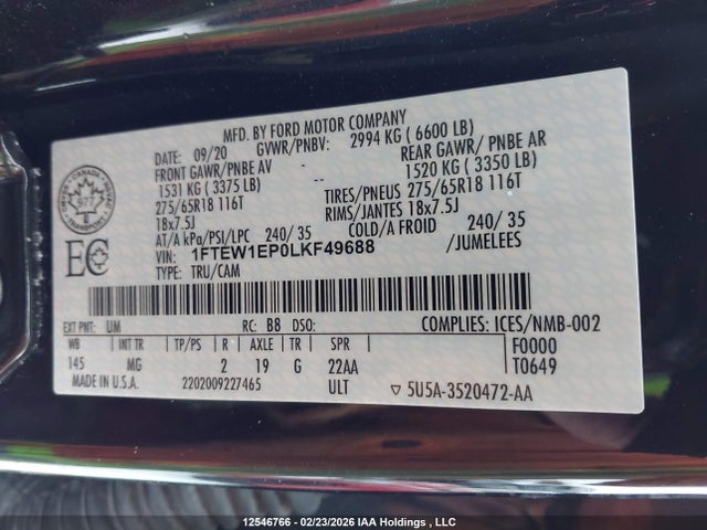 Aukcja sprzedaży 2020 Ford F-150 Xlt, vin: 1FTEW1EP0LKF49688, numer aukcji: 12546766