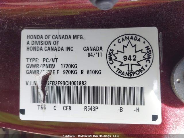 Продаж на аукціоні авто 2012 Honda Civic Exl, vin: 2HGFB2F90CH001883, номер лоту: 12546767