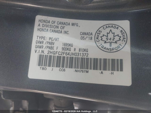 Продаж на аукціоні авто 2018 Honda Civic, vin: 2HGFC2F64JH031372, номер лоту: 12546770