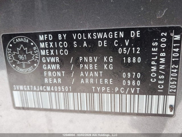 Продажа на аукционе авто 2012 Volkswagen Jetta, vin: 3VWGX7AJ4CM409501, номер лота: 12546804