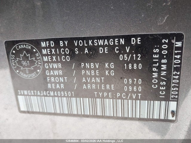 Продажа на аукционе авто 2012 Volkswagen Jetta, vin: 3VWGX7AJ4CM409501, номер лота: 12546804