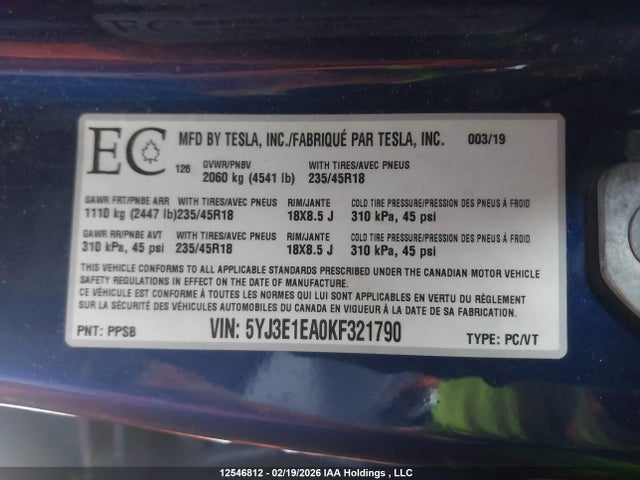 2019 Tesla Model 3 Long Range/mid Range/standard Range/standard Range Plus მანქანა იყიდება აუქციონზე, vin: 5YJ3E1EA0KF321790, აუქციონის ნომერი: 12546812