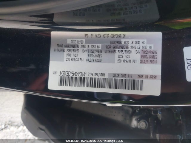 12546830 :رقم المزاد ، JM3TCBDY5M0453141 vin ، 2021 Mazda Cx-9 Grand Touring مزاد بيع