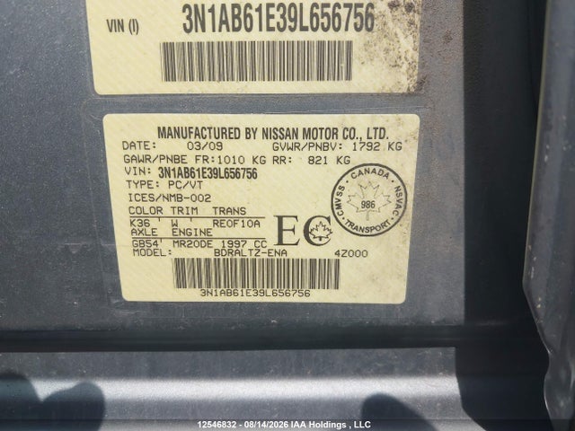 12546832 :رقم المزاد ، 3N1AB61E39L656756 vin ، 2009 Nissan Sentra 2.0s مزاد بيع