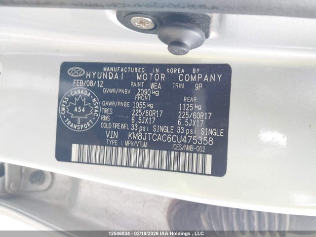 Aukcja sprzedaży 2012 Hyundai Tucson Gl, vin: KM8JTCAC6CU475358, numer aukcji: 12546834
