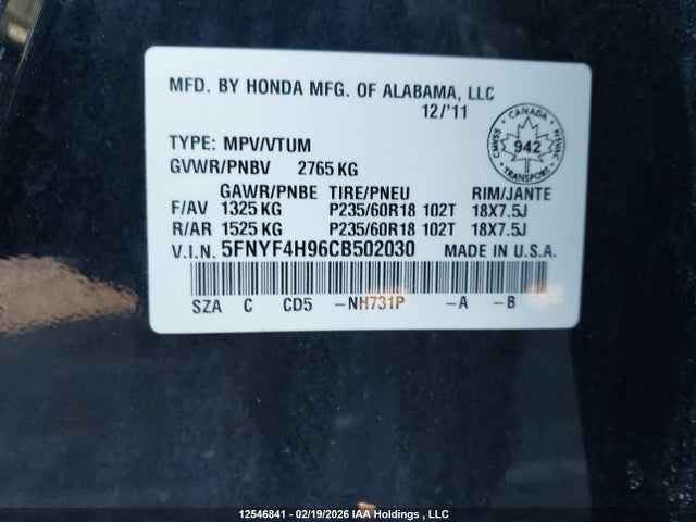 Aukcja sprzedaży 2012 Honda Pilot Touring, vin: 5FNYF4H96CB502030, numer aukcji: 12546841