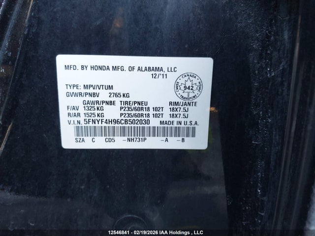 Aukcja sprzedaży 2012 Honda Pilot Touring, vin: 5FNYF4H96CB502030, numer aukcji: 12546841