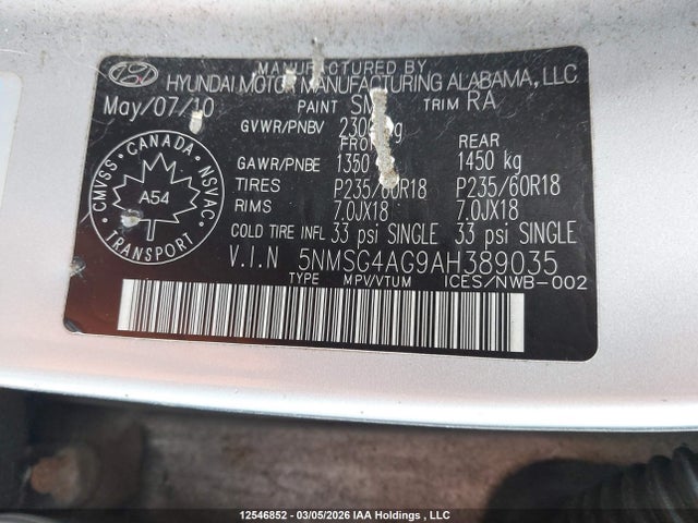 Продаж на аукціоні авто 2010 Hyundai Santa Fe Gl 3.5 Sport, vin: 5NMSG4AG9AH389035, номер лоту: 12546852