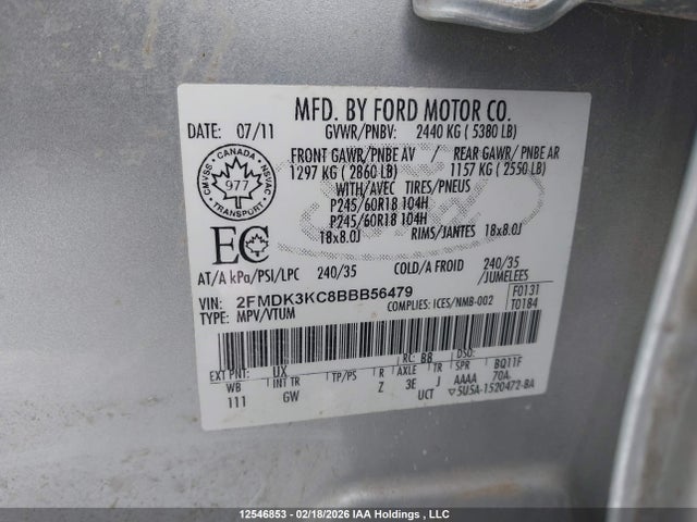 12546853 :رقم المزاد ، 2FMDK3KC8BBB56479 vin ، 2011 Ford Edge Limited مزاد بيع