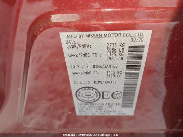 Продажа на аукционе авто 2020 Nissan Pathfinder, vin: 5N1DR2DM2LC628236, номер лота: 12546861
