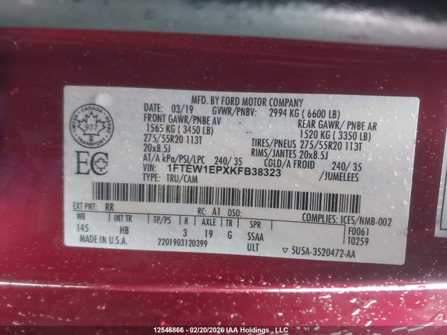 2019 Ford F-150 მანქანა იყიდება აუქციონზე, vin: 1FTEW1EPXKFB38323, აუქციონის ნომერი: 12546866