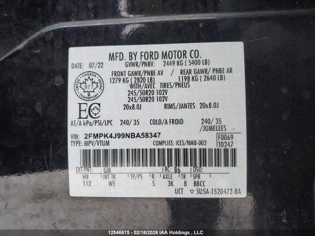 12546875 :رقم المزاد ، 2FMPK4J99NBA58347 vin ، 2022 Ford Edge St Line مزاد بيع