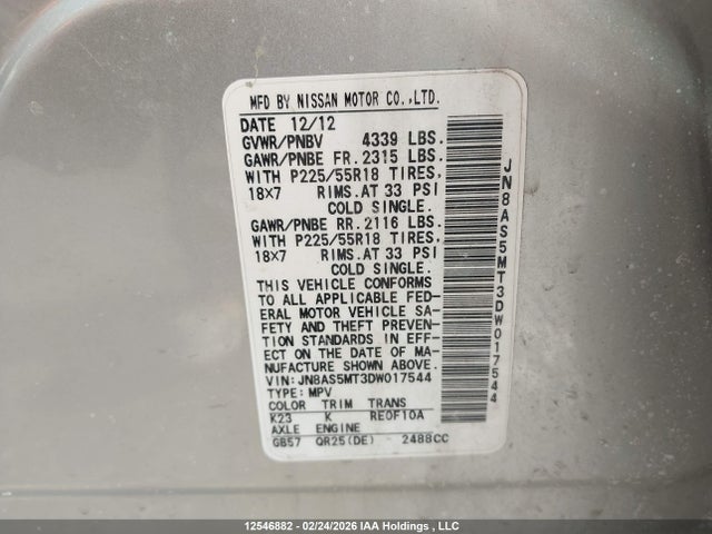 12546882 :رقم المزاد ، JN8AS5MT3DW017544 vin ، 2013 Nissan Rogue S/sv مزاد بيع