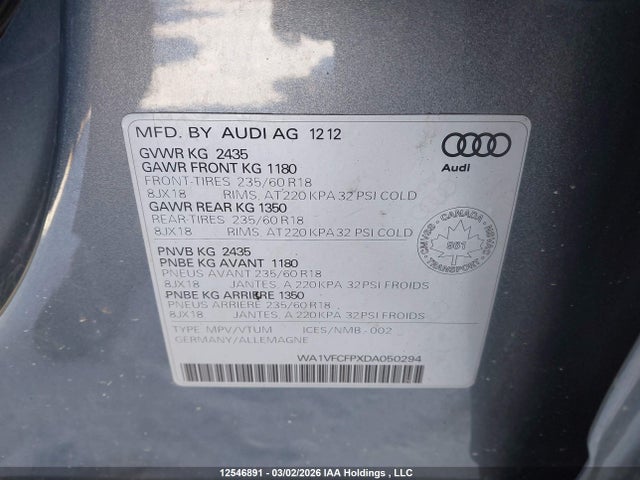 2013 Audi Q5 მანქანა იყიდება აუქციონზე, vin: WA1VFCFPXDA050294, აუქციონის ნომერი: 12546891