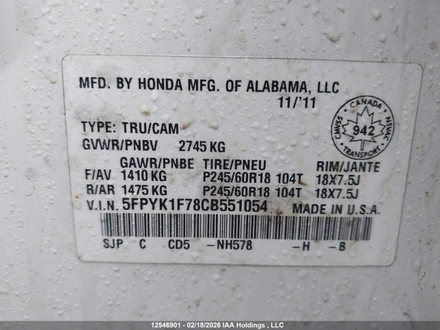 2012 Honda Ridgeline Sport მანქანა იყიდება აუქციონზე, vin: 5FPYK1F78CB551054, აუქციონის ნომერი: 12546901