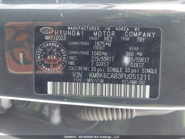 12546910 :رقم المزاد ، KM8K6CAB3PU051211 vin ، 2023 Hyundai Kona Sel مزاد بيع