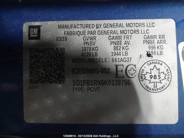 1G1FB1RX6K0139796 Chevrolet Camaro 1lt