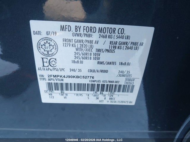2019 Ford Edge Sel მანქანა იყიდება აუქციონზე, vin: 2FMPK4J90KBC52776, აუქციონის ნომერი: 12546946