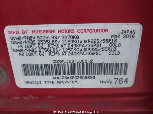 JA4JZ3AX8GZ608629 Mitsubishi Outlander Se