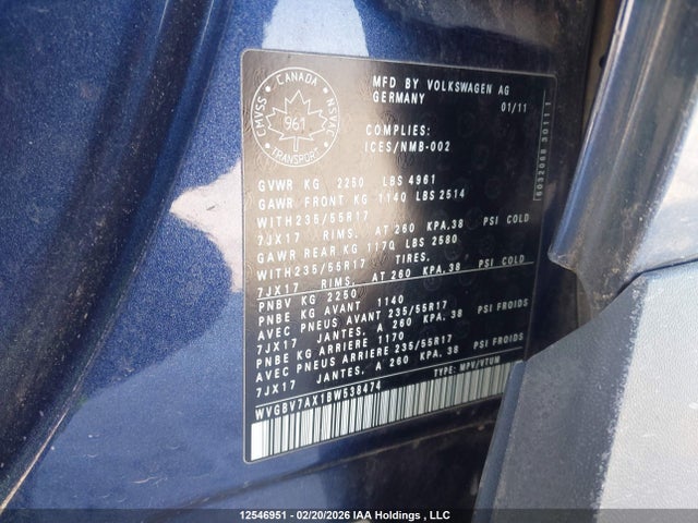 Aukcja sprzedaży 2011 Volkswagen Tiguan S/se/sel, vin: WVGBV7AX1BW538474, numer aukcji: 12546951