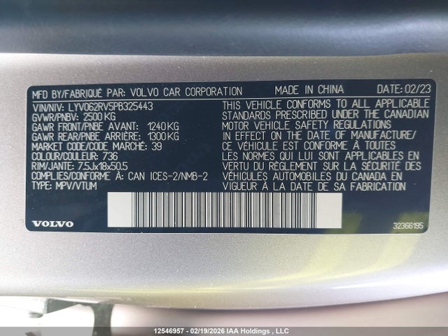 12546957 :رقم المزاد ، LYV062RV5PB325443 vin ، 2023 Volvo Xc60 B6 Core مزاد بيع
