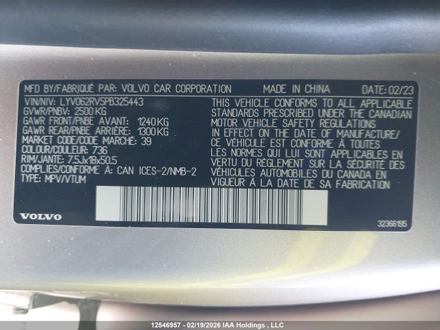 12546957 :رقم المزاد ، LYV062RV5PB325443 vin ، 2023 Volvo Xc60 B6 Core مزاد بيع