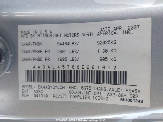 Продаж на аукціоні авто 2008 Mitsubishi Eclipse Spyder Gt, vin: 4A3AL45T68E601012, номер лоту: 12546983