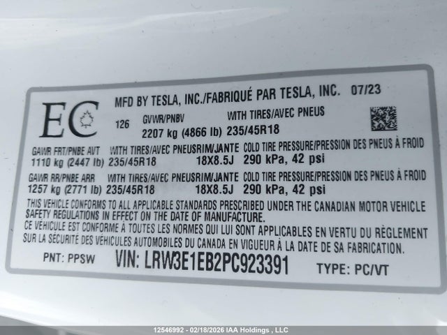 Продажа на аукционе авто 2023 Tesla Model 3 Long Range, vin: LRW3E1EB2PC923391, номер лота: 12546992
