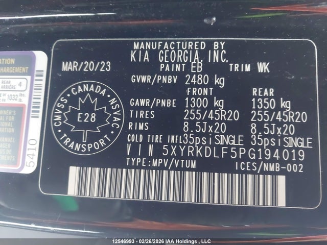 12546993 :رقم المزاد ، 5XYRKDLF5PG194019 vin ، 2023 Kia Sorento 2.5t Sx W/black Leather/2.5t Sx W/burgundy Leather مزاد بيع